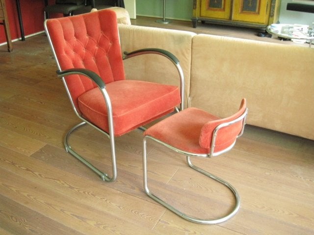 Gispen fauteuil 412 + bijzet stoel terra rood, Ophalen, Gebruikt, Minder dan 75 cm, Overige materialen