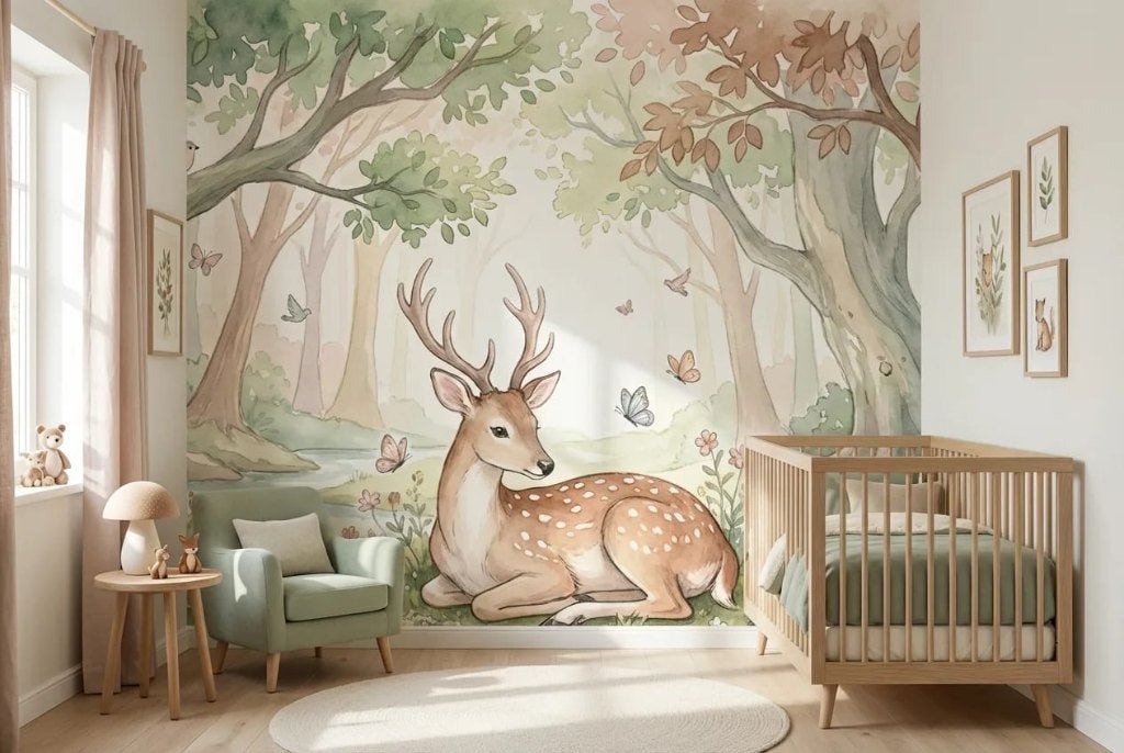 Behang babykamer – rustend hert in een licht sprookjesbos, Overige merken, Groen, Ophalen of Verzenden, Fotobehang