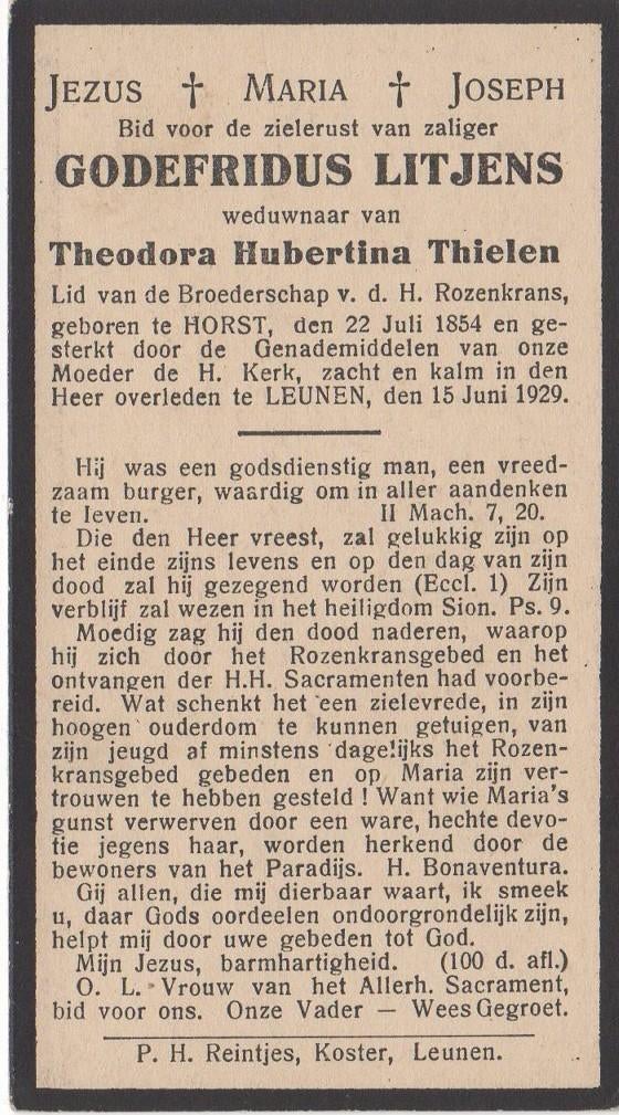 Godefridus Litjens 1854 Horst + 1929 Leunen, 74 jaar oud, Verzenden