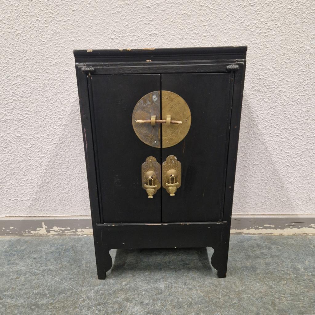 Vintage Zwart Houten Juwelen Kastje met Messing Beslag, Ophalen of Verzenden