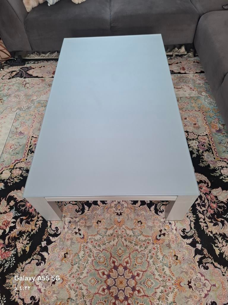 Glazen/metalen tuin tafel grijs, Huis en Inrichting, Tafels | Salontafels, Ophalen, 100 tot 150 cm, 50 tot 100 cm, Zo goed als nieuw