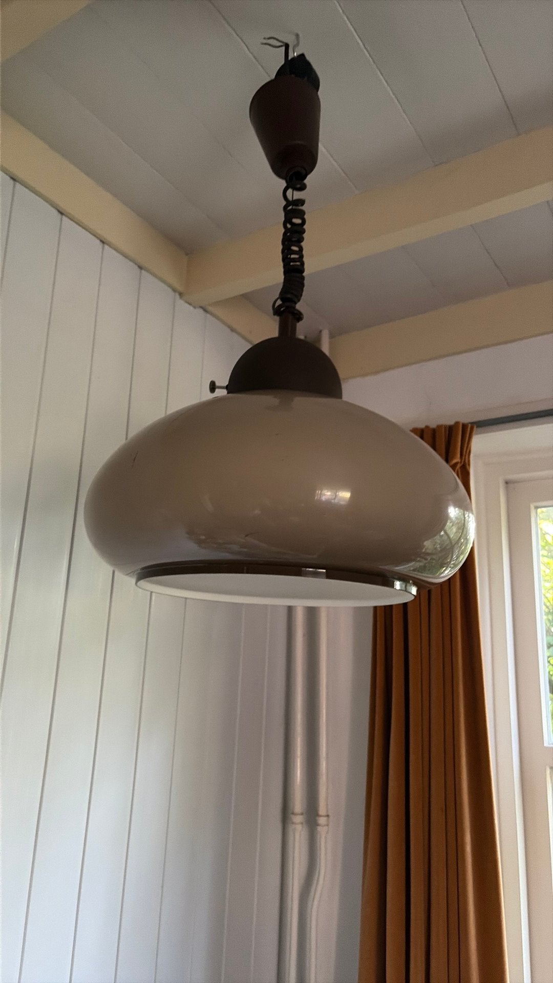 Vintage mushroom Dijkstra hanglamp trekpendel, Kunststof, Gebruikt, Mid century modern, E27 (groot)