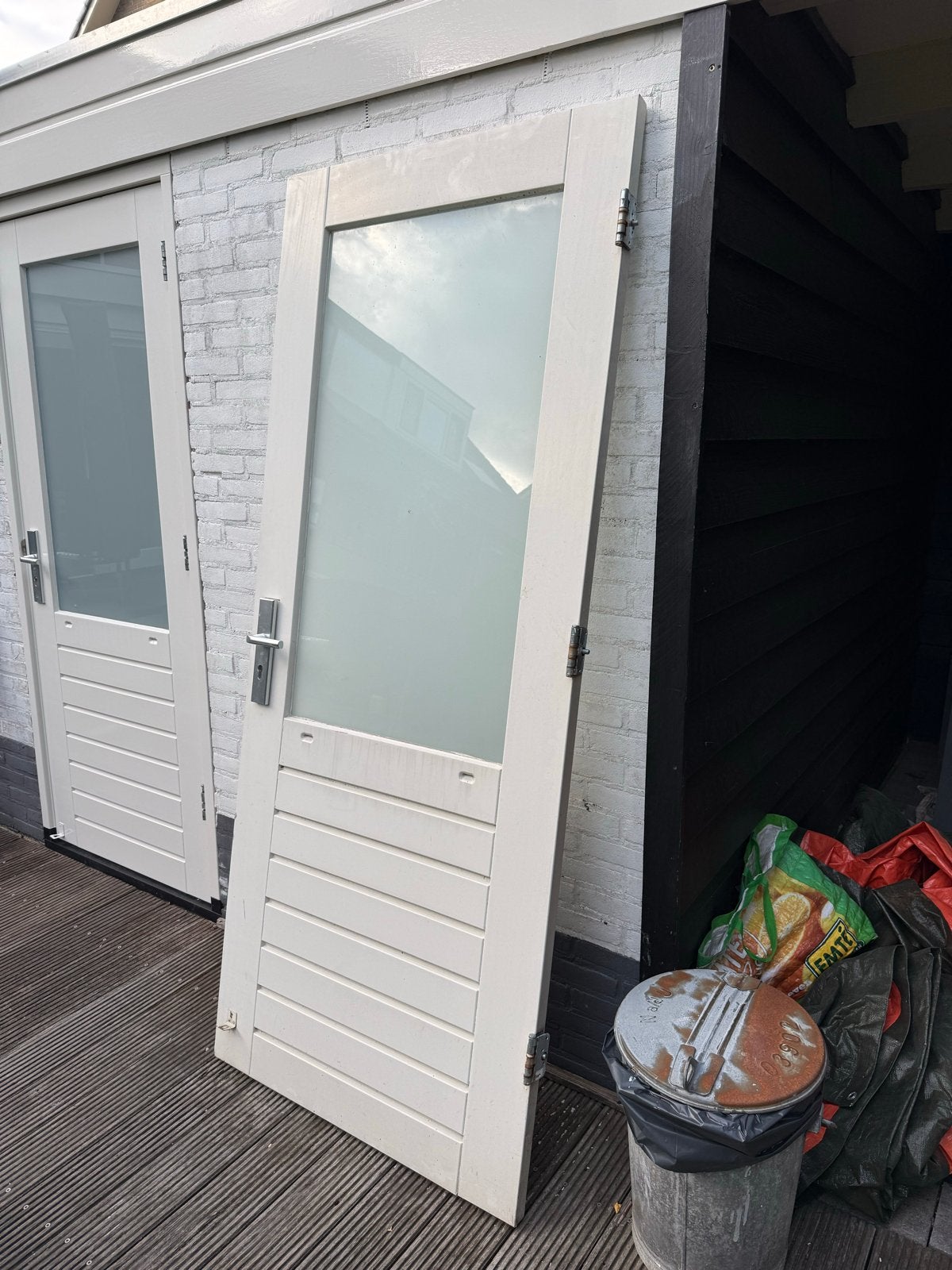 Meranti buitendeur met melkglas, Doe-het-zelf en Verbouw, Ophalen, Gebruikt, 80 tot 100 cm, Buitendeur