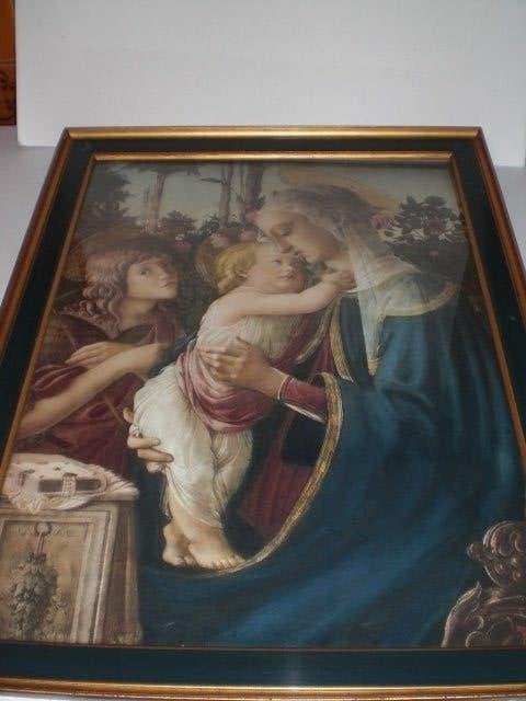 Madonna met kind en engel in goud groene lijst 39 x 53cm, Antiek en Kunst, Kunst | Schilderijen | Klassiek, Portret of Personen