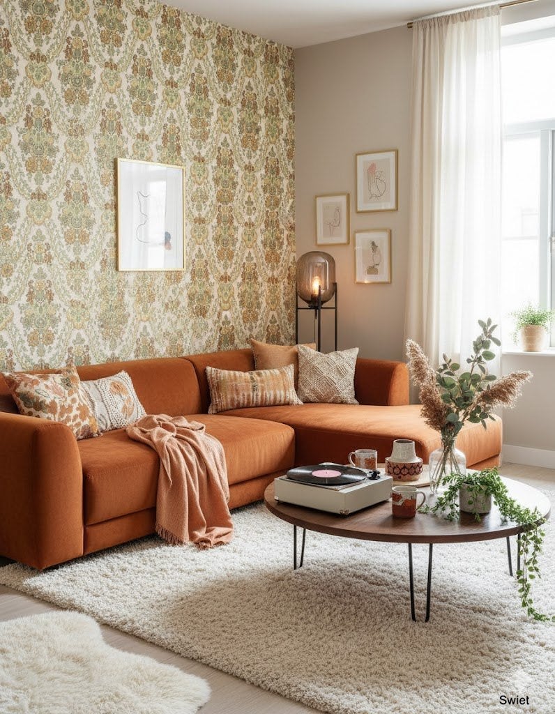 7045 warm vintage barok bloemenbehang groen en oker swiet, Ophalen of Verzenden, Groen