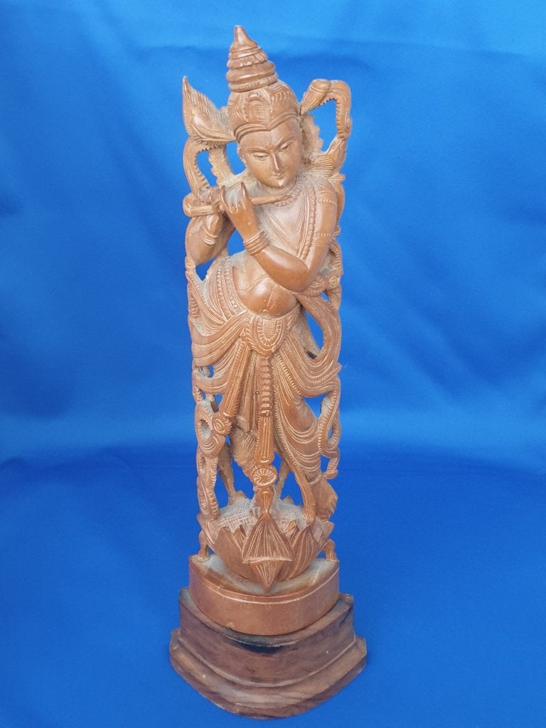 Oude handgesneden houten standbeeld van Krishna, Ophalen of Verzenden, 20 - 50 cm, Beeld, Hout