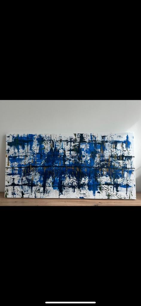 Abstract Blauw en Wit olie Schilderij op Canvas, Ophalen of Verzenden