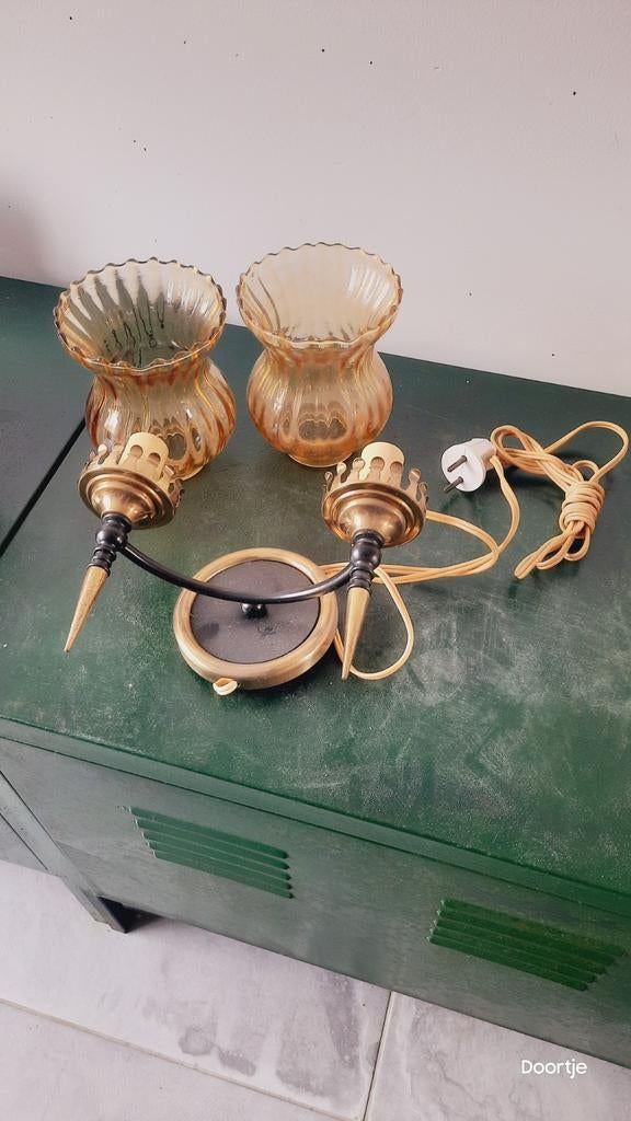 Antieke messing wandlamp met glaasjes, Ophalen of Verzenden