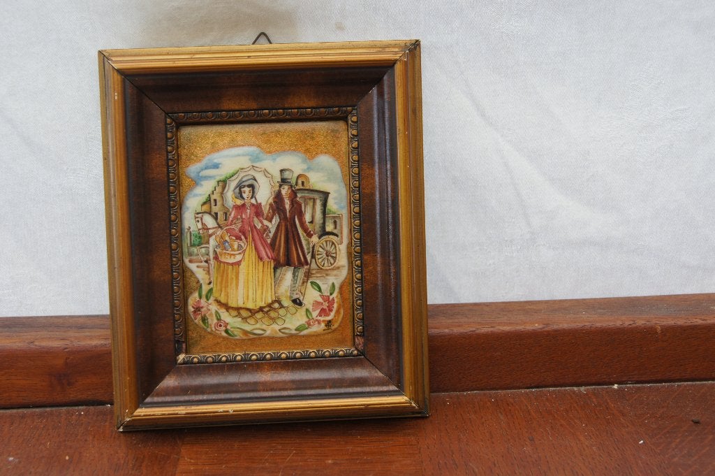 Romantisch tafereel met koets ( Schilderijtje, Antiek en Kunst, Kunst | Schilderijen | Klassiek, Paneel, Portret of Personen, Ophalen of Verzenden