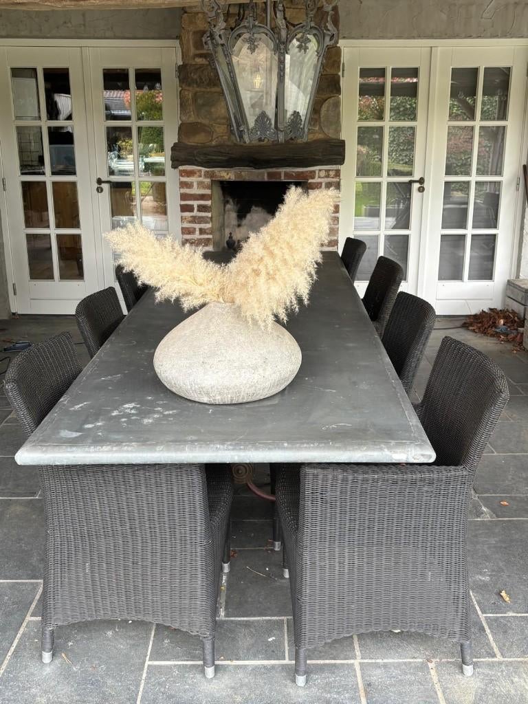 Grote buitentafel met zinken blad met 10 stoelen, Tuin en Terras, Ophalen, Gebruikt, Rechthoekig, Overige materialen