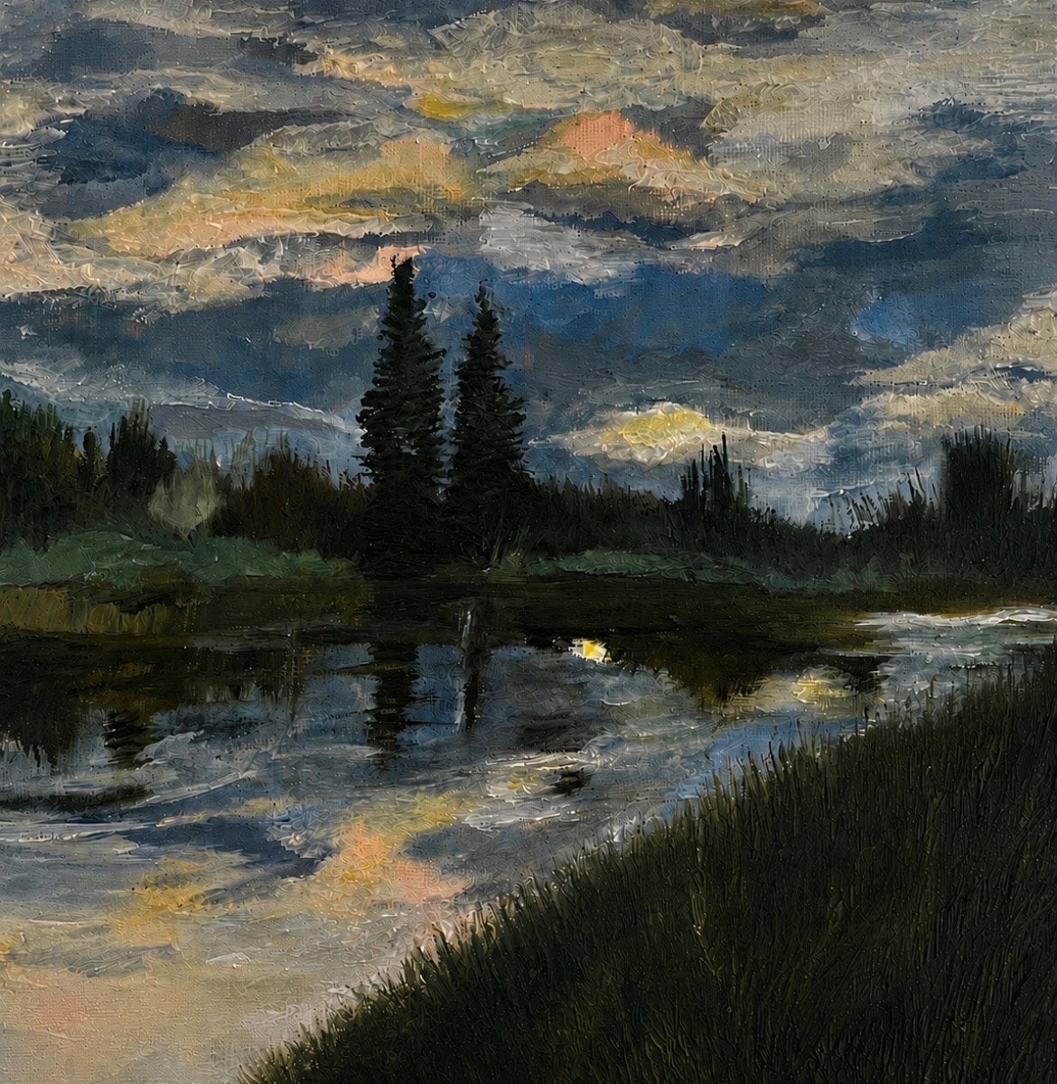 Schilderij: Mysterieuze Rivier bij Zonsondergang, Antiek en Kunst, Doek, Realistisch, Ophalen of Verzenden, Olieverf
