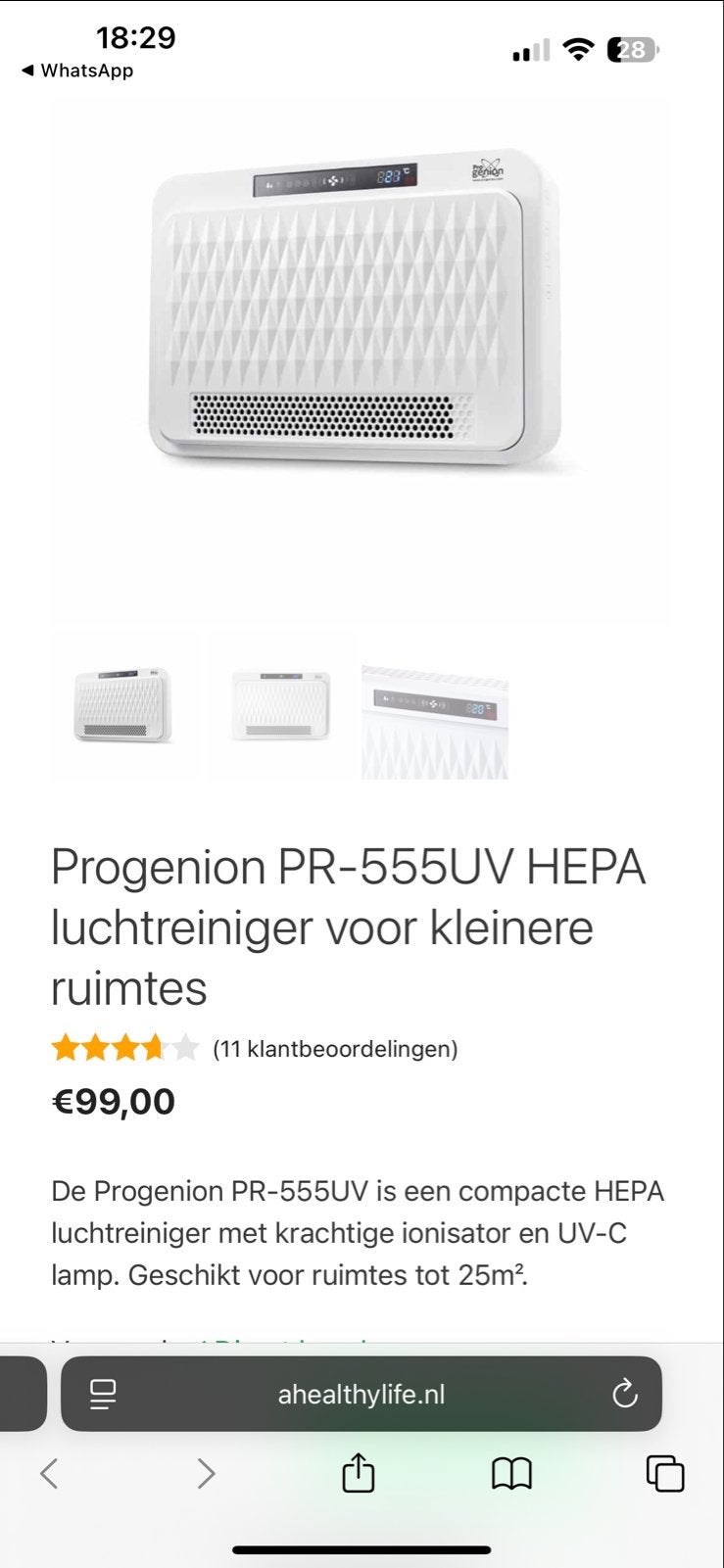 Progenion PR-555UV HEPA luchtreiniger met UV-C lamp, Ophalen, Zo goed als nieuw, Luchtreiniger