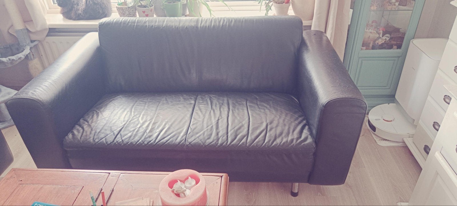 2.5 zitbank echt zwart leer. Gratis wegens verhuizing, Ophalen, Strak, Gebruikt, 150 tot 200 cm