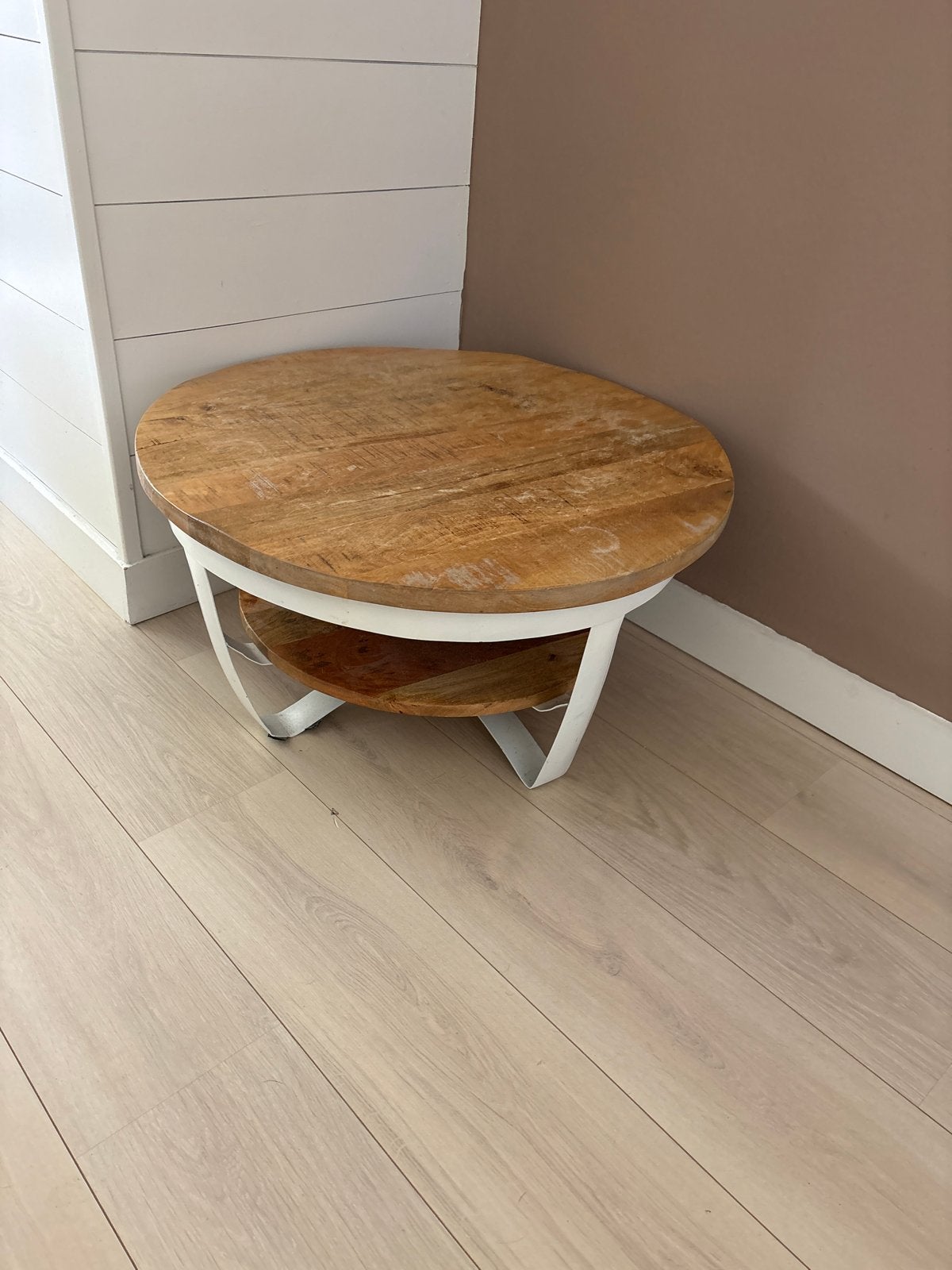 Ronde salontafel van mangohout en metaal, Ophalen, Gebruikt, Rond, 50 tot 100 cm