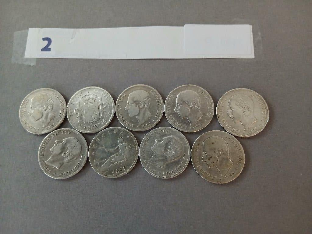 Lot 2 : 9  x 2 pesetas munten van Alfonso XII, Postzegels en Munten, Verzenden, Overige landen, Losse munt, Zilver