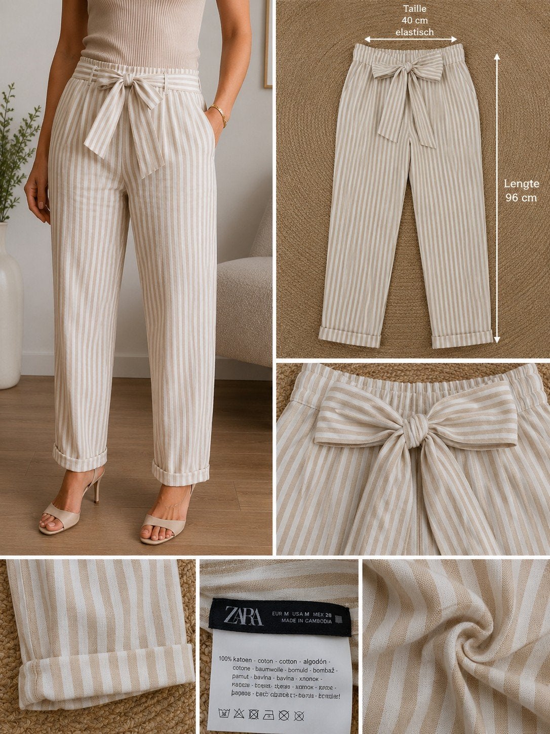 Zara gestreepte broek beige/wit met strikceintuur – maat M, Maat 38/40 (M), Nieuw, Ophalen of Verzenden, Lang