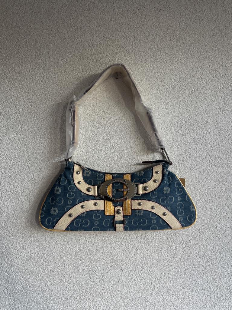Vintage Y2K retro denim tas met logo print en gesp, Vintage, Blauw, Schoudertasje, Vintage
