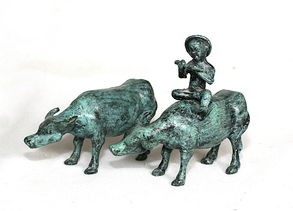 Bronzen Waterbuffels met Fluitspeler, Ophalen of Verzenden, Groen, China, Brons
