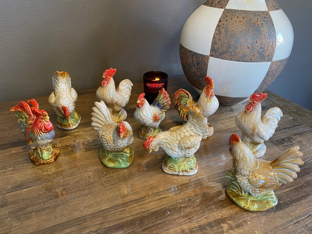 Paasdecoratie kippen/hanen geglazuurd aardewerk Des Pots, Ophalen of Verzenden