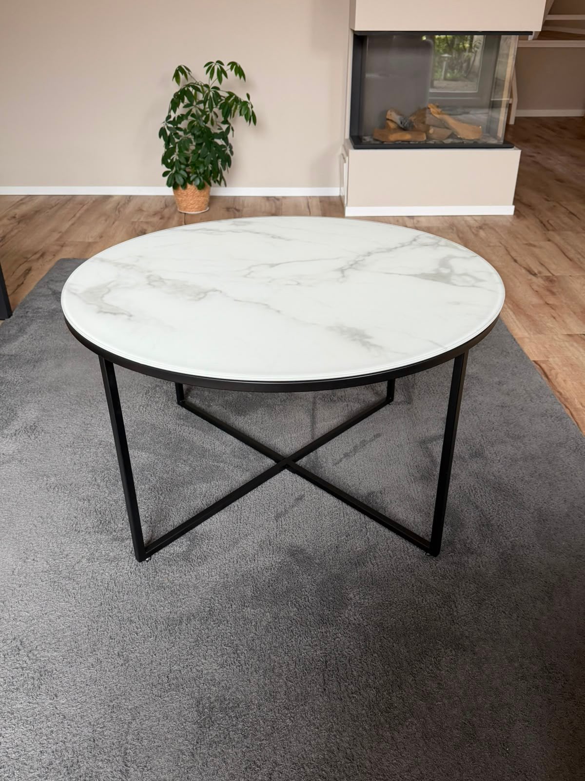 Westwing Antigua salontafel – marmerlook – matzwart, Ophalen, Rond, 50 tot 100 cm, Glas