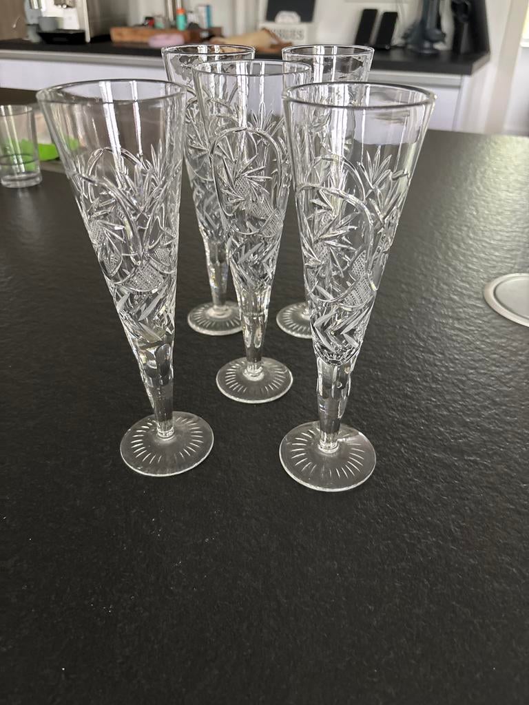 Set van 5 Kristallen Champagneglazen, Antiek en Kunst, Antiek | Glas en Kristal, Ophalen