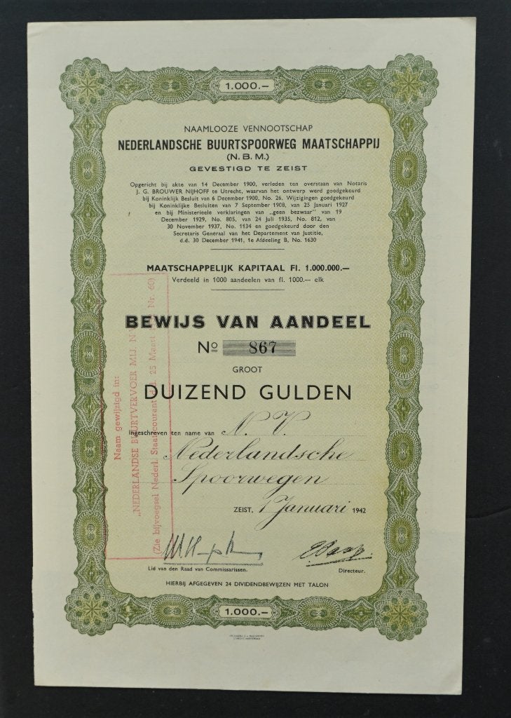 Nederlandsche Buurtspoorweg Maatschappij - Zeist 1942, Postzegels en Munten, Verzenden, 1920 tot 1950, Aandeel