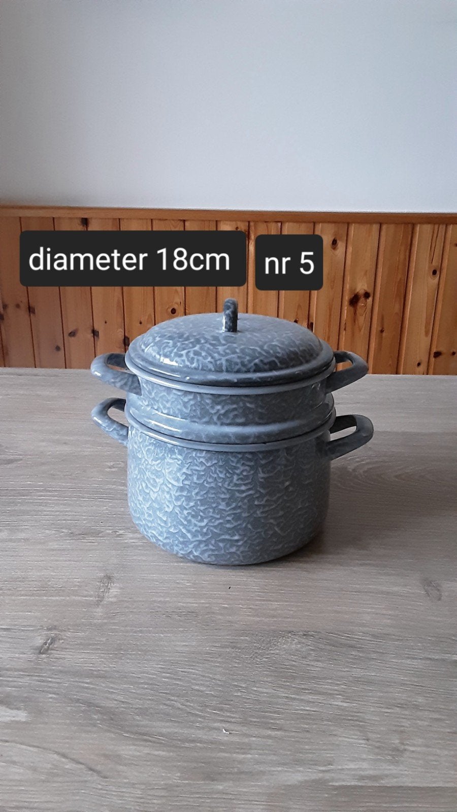 EMAILLE GRIJSGEWOLKTE STOOMPAN DIAMETER 18CM., Antiek en Kunst, Antiek | Emaille, Ophalen of Verzenden