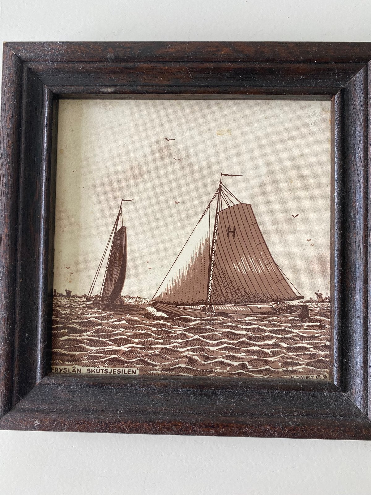 Vintage ingelijste prent van zeilschepen, Ophalen of Verzenden