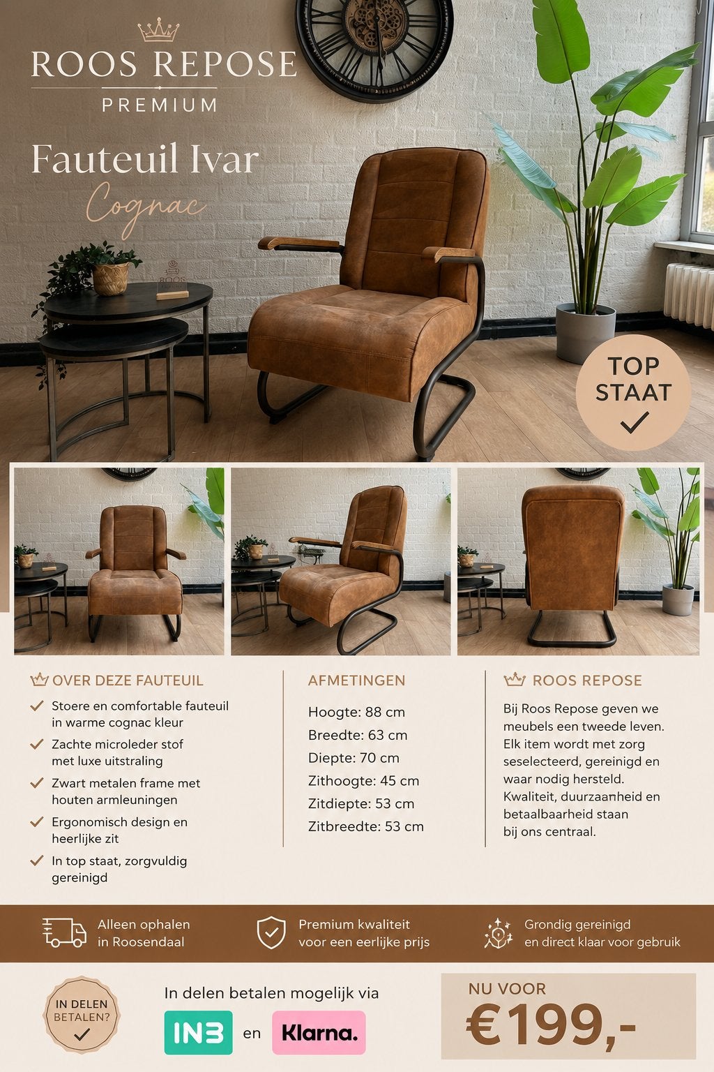 Fauteuil Ivar Cognac | Industriële Design Fauteuil |Topstaat, Ophalen, Minder dan 75 cm, Luxe, Zo goed als nieuw