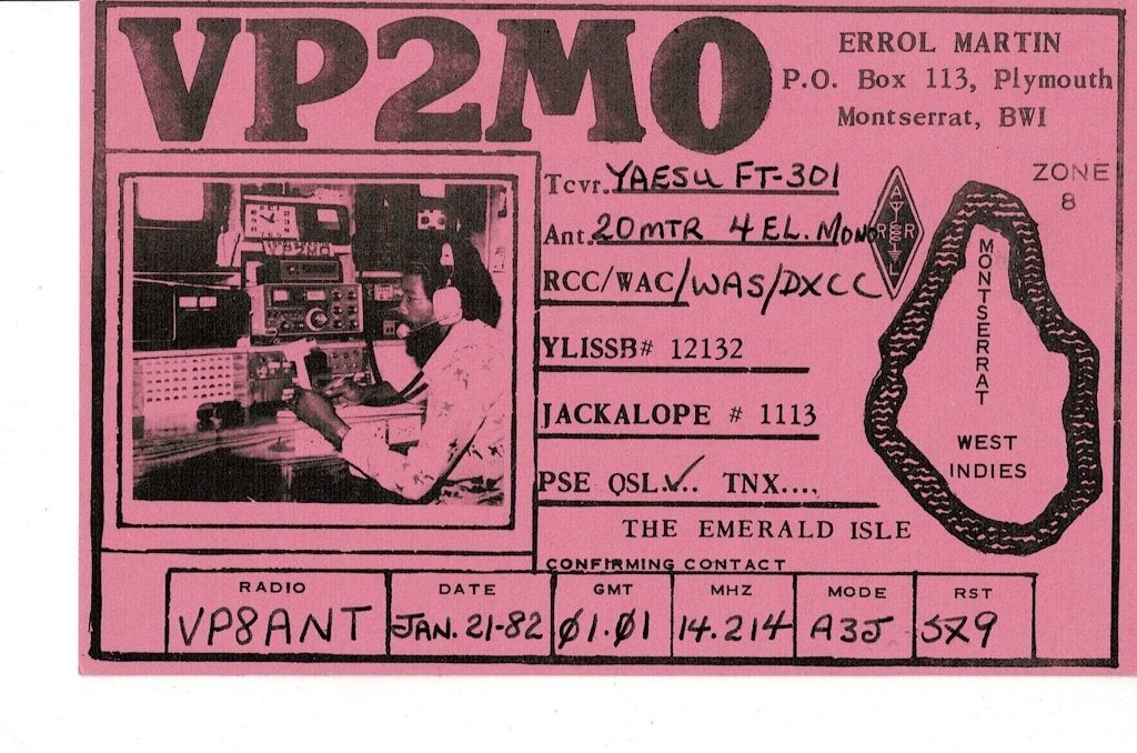 QSL kaart VP2MO Montserrat 1982, Verzamelen, Ophalen of Verzenden, 1980 tot heden, Ongelopen, Overige thema's