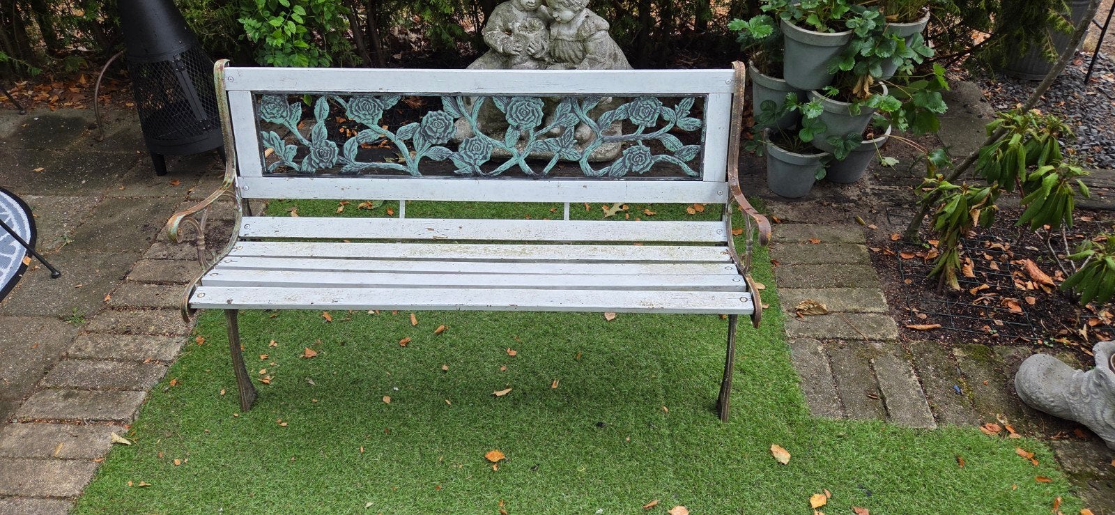 Vintage gietijzeren tuinbank met houten zitting, Ophalen, Gebruikt, Hout