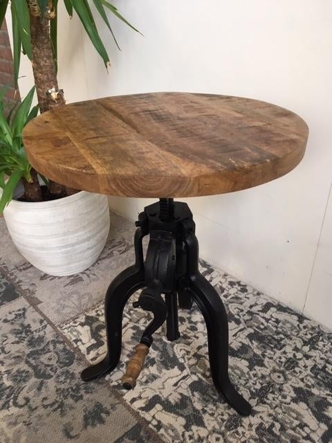 Ronde bijzettafel, staal + Mangohout. In hoogte verstelbaar., Metaal of Aluminium, Rond, Nieuw, 60 cm of meer