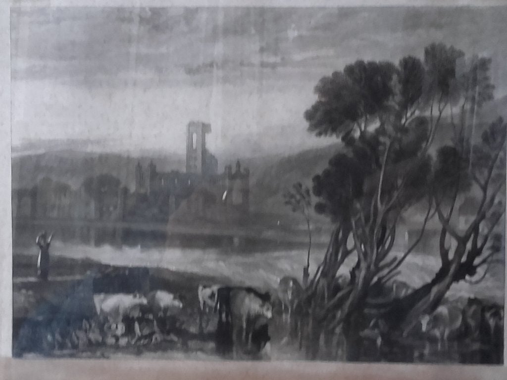 Antieke ingelijste gravure uit Engeland van Kirkshall abbey., 1800 - 1899, Ophalen of Verzenden, Gravure, Landschap