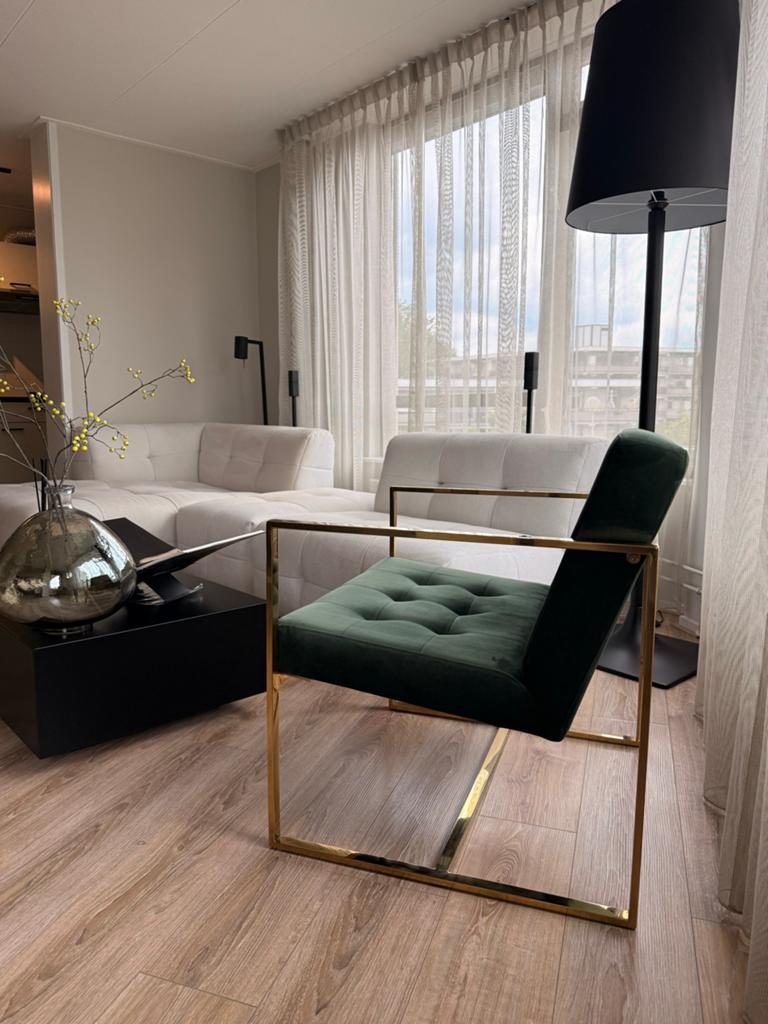Luxe Groene Velours Fauteuil met Gouden Frame, Huis en Inrichting, Fauteuils, Ophalen, Zo goed als nieuw, Metaal, 75 tot 100 cm
