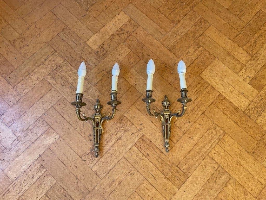 Antieke massief messing wandlampen – Louis XVI-stijl (2st), Ophalen, Gebruikt, E14 (klein), Goud