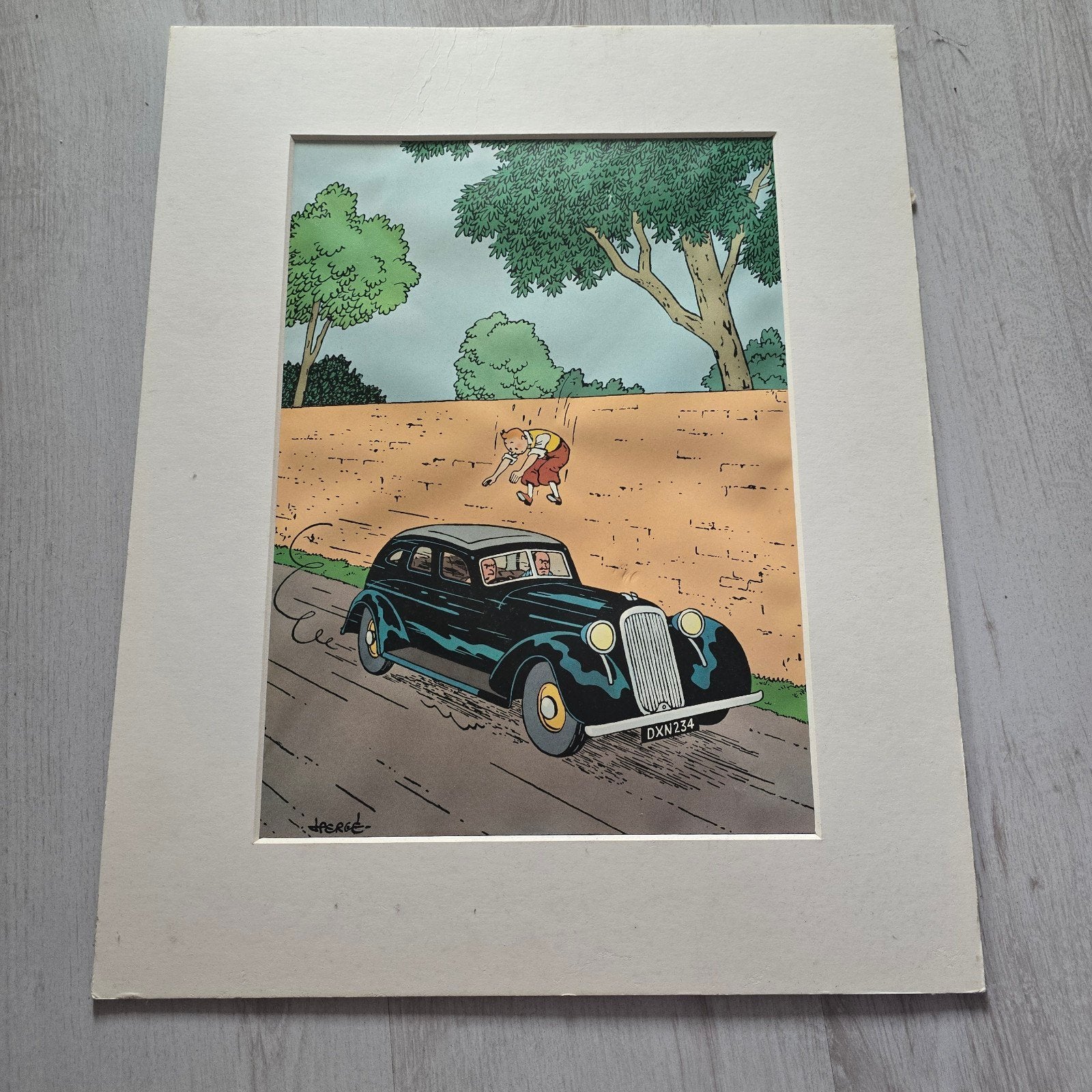 Vintage Kuifje print - Auto met Kuifje en Haddock, Ophalen, Print, Prent, Gesigneerd