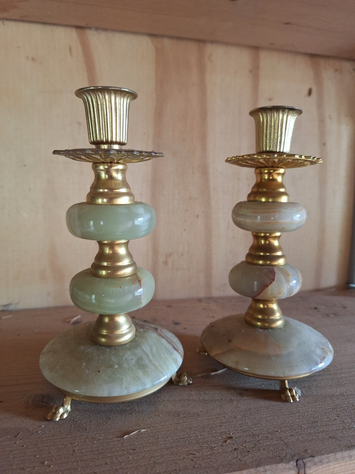 Set van 2 vintage onyx en messing kandelaars, Ophalen, Overige materialen