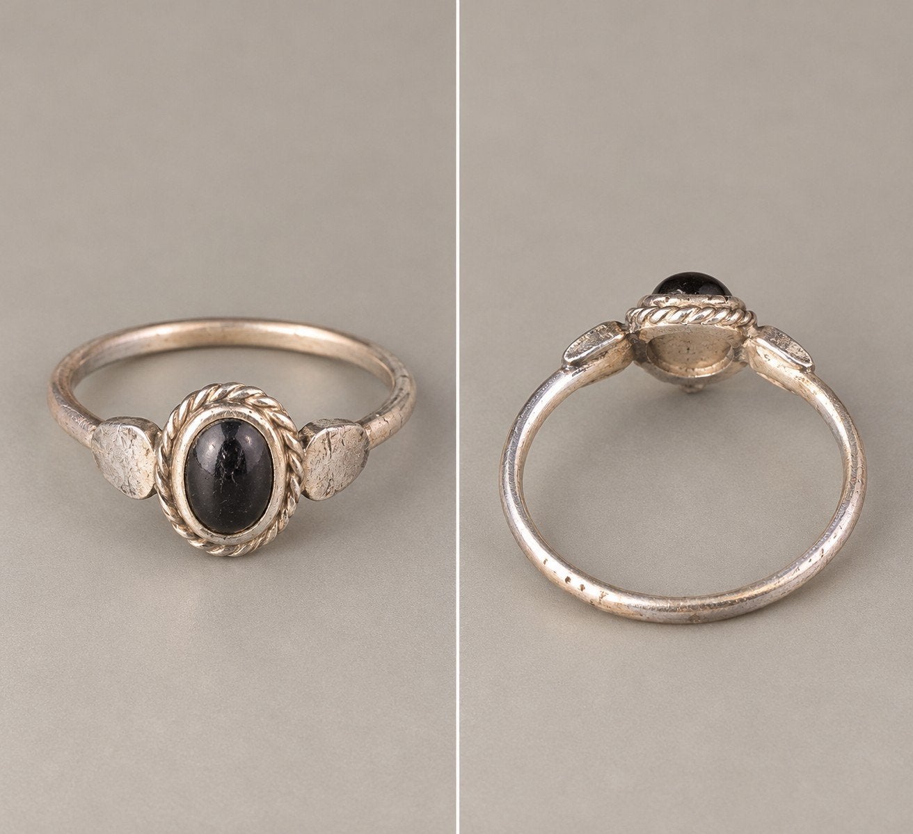 Vintage zilverkleurige ring met donkere ovale steen, Ophalen of Verzenden, Zilver, Dame