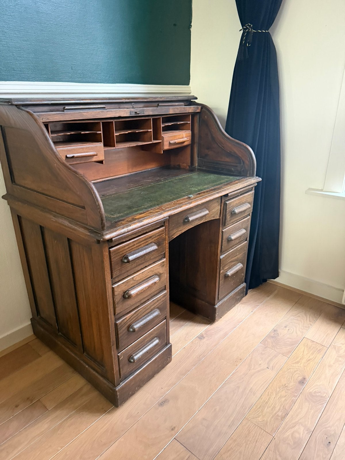 Antiek massief houten rolluikbureau / roltop desk – compleet, Ophalen of Verzenden, Gebruikt