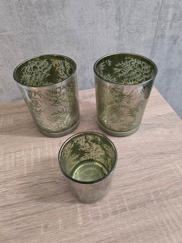 Set van 3 groene waxinelichthouders met bladmotief, 10 cm, Waxinelichthouder, Ophalen of Verzenden, Groen