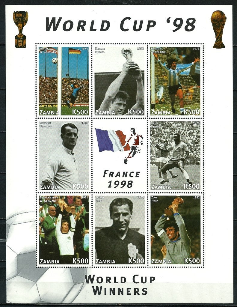 Zambia 1998 FIFA WK Voetbal 3x vel postfris voetbal Bergkamp, Postzegels en Munten, Ophalen of Verzenden, Zambia, Postfris