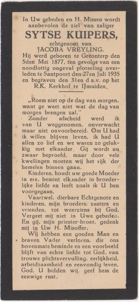 Sytse Kuipers 1877 Greonterp + 1935 Santpoort, 58 jaar, Verzenden