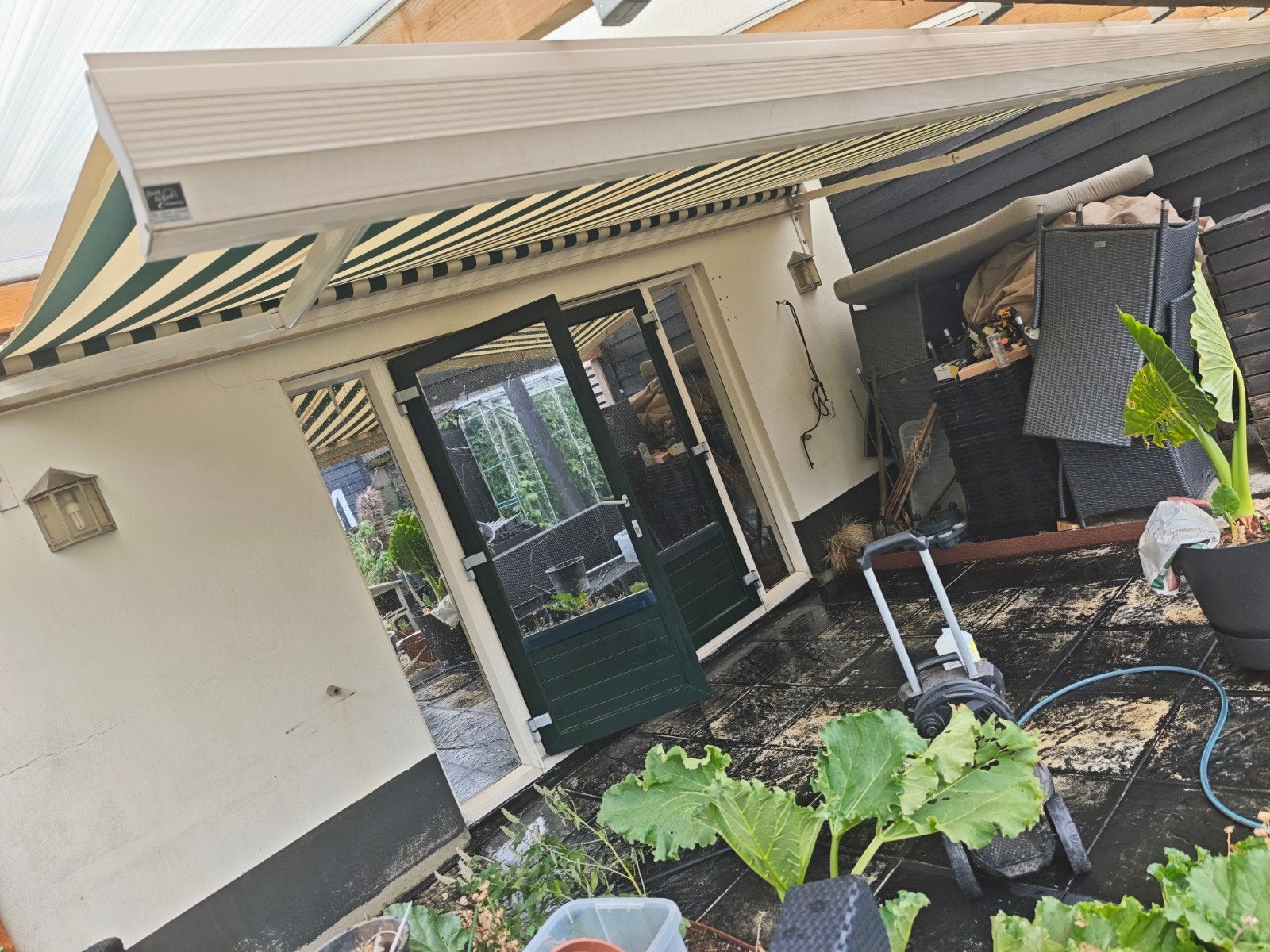 Elektrisch zonnescherm 5x3m - Groen/Wit gestreept, Tuin en Terras, Zonneschermen, Ophalen, Gebruikt, 450 cm of meer, Elektrisch