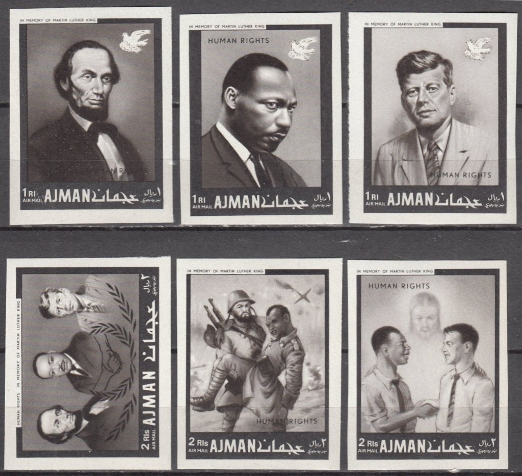 M.L. King en J.F. Kennedy op serie Ajman Human Rights 1968, Postzegels en Munten, Ophalen of Verzenden, Postfris, Overige thema's