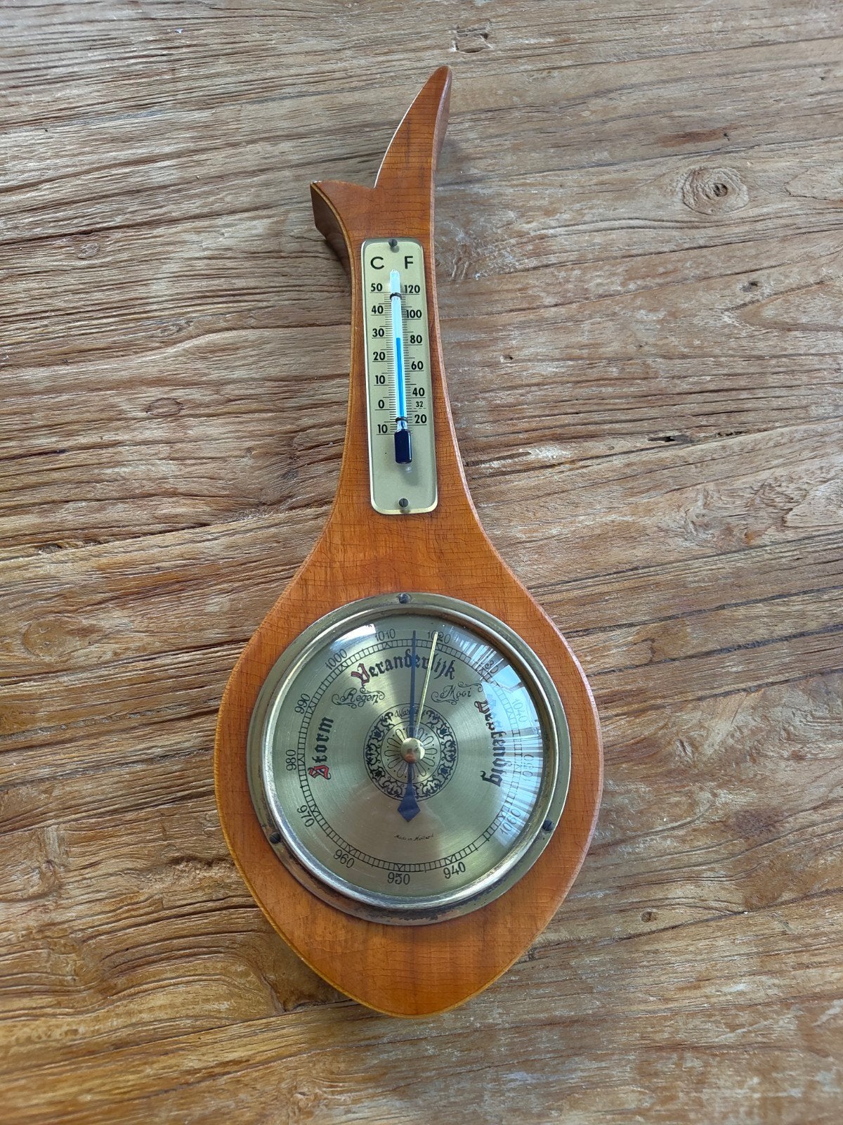 Retro WUBA Barometer met Thermometer Houten Wandmodel, Ophalen of Verzenden, Gebruikt, Barometer