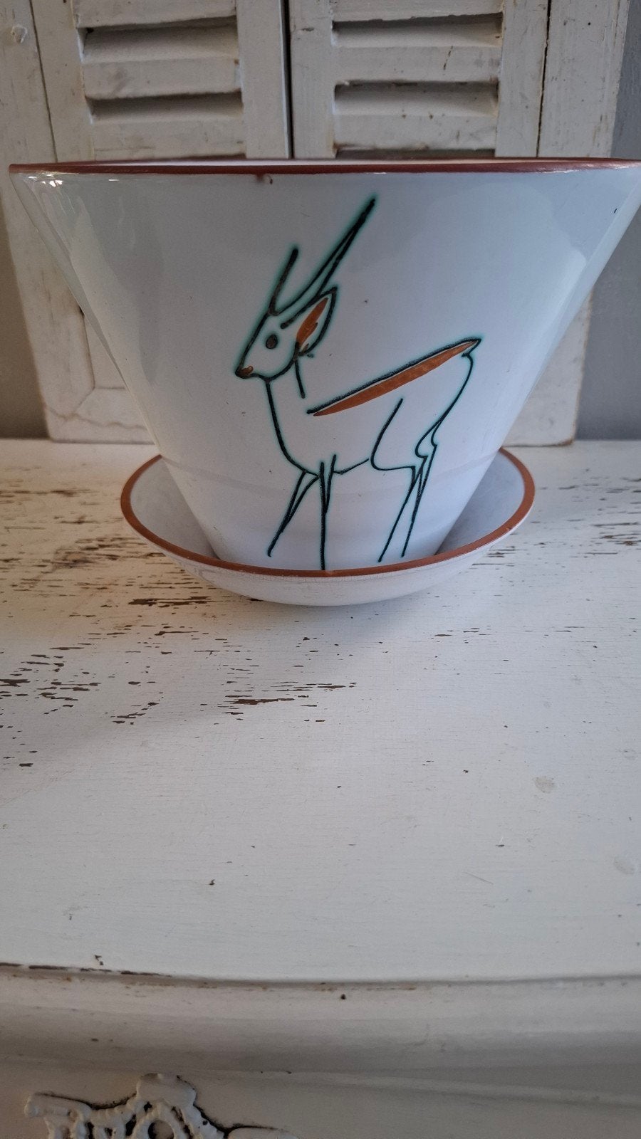 Vintage bloempot met schotel - Hert design, Ophalen of Verzenden