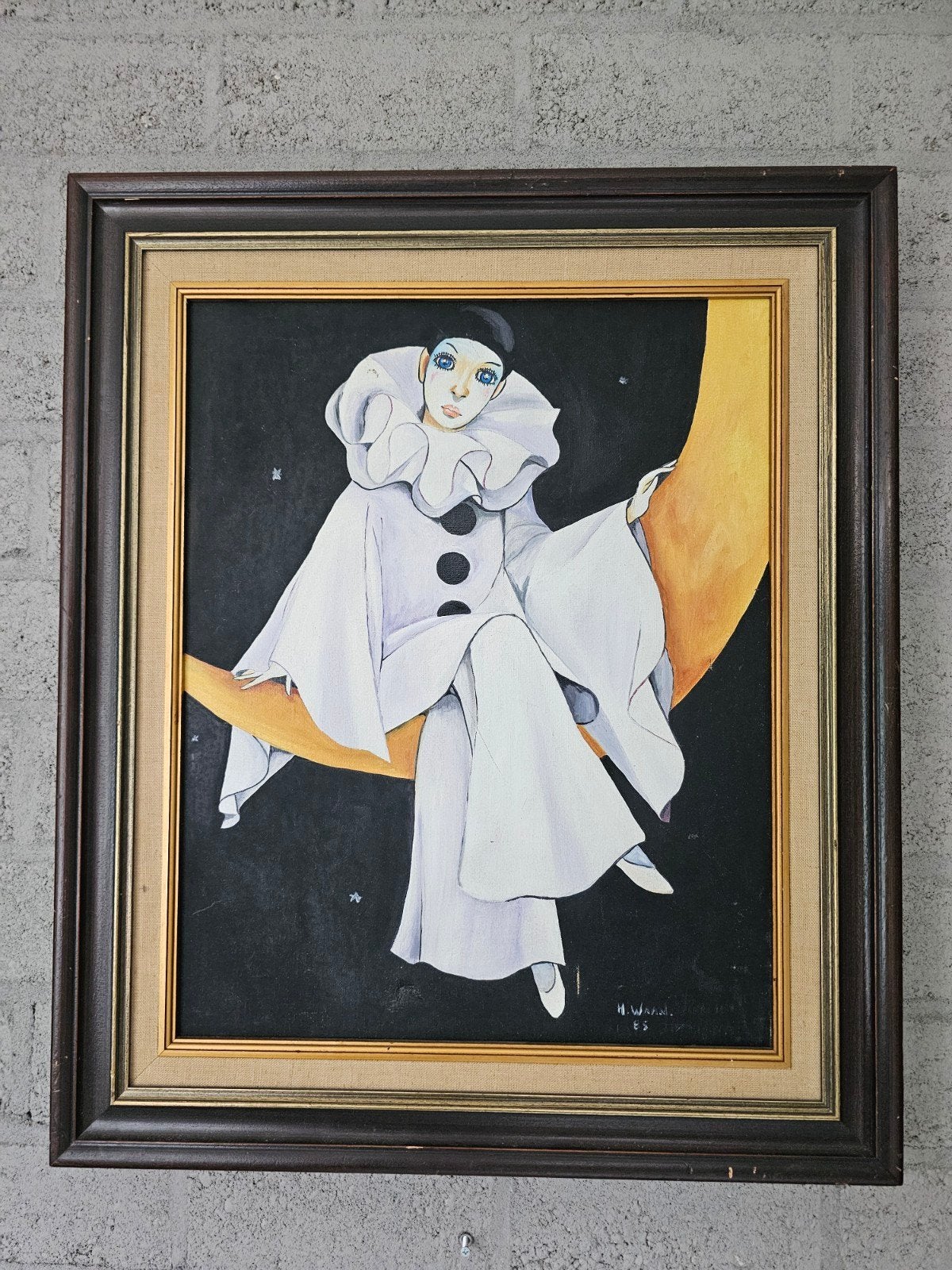 Schilderij H. Waan '85 - Pierrot op de maan (53x63cm), Antiek en Kunst, Doek, Portret of Personen, Realistisch, Ophalen of Verzenden