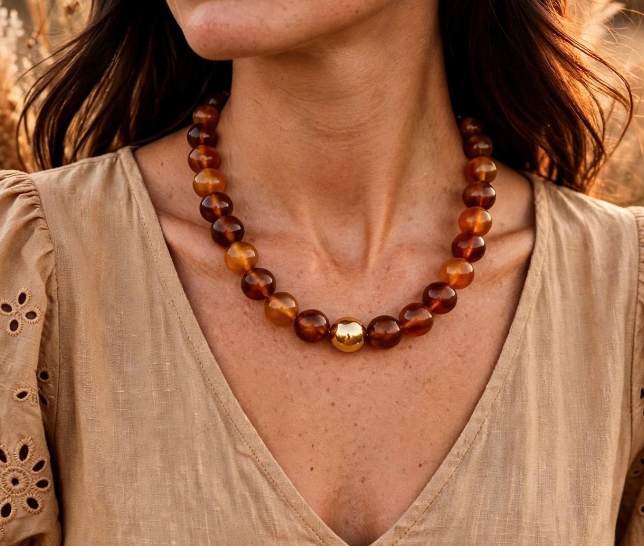 Boho Ibiza Amber & goud nieuw, Overige materialen, Verstelbaar, Bruin, Nieuw