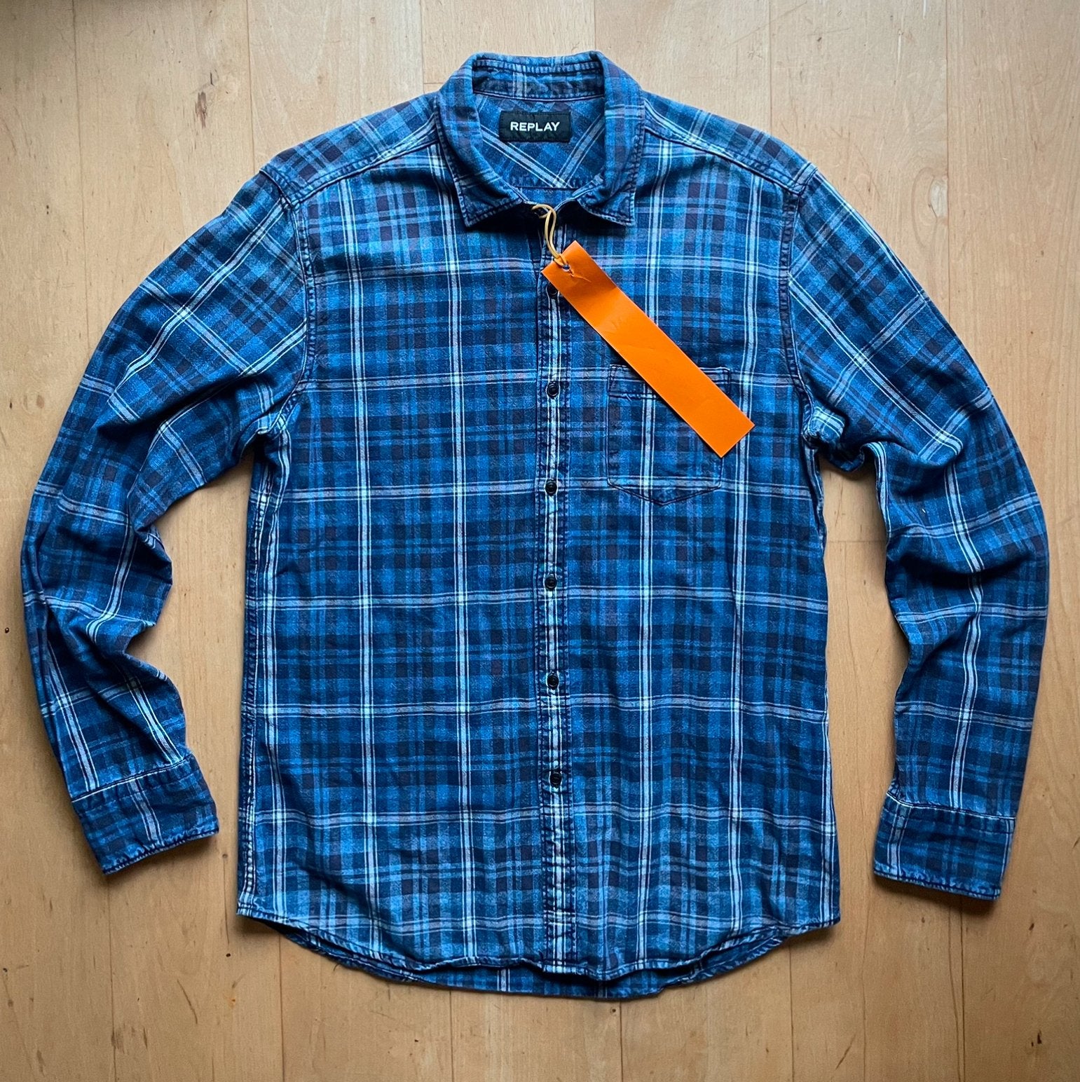 Replay spijker denim shirt overhemd strepen blokken design L, Ophalen of Verzenden, Blauw, Halswijdte 41/42 (L)