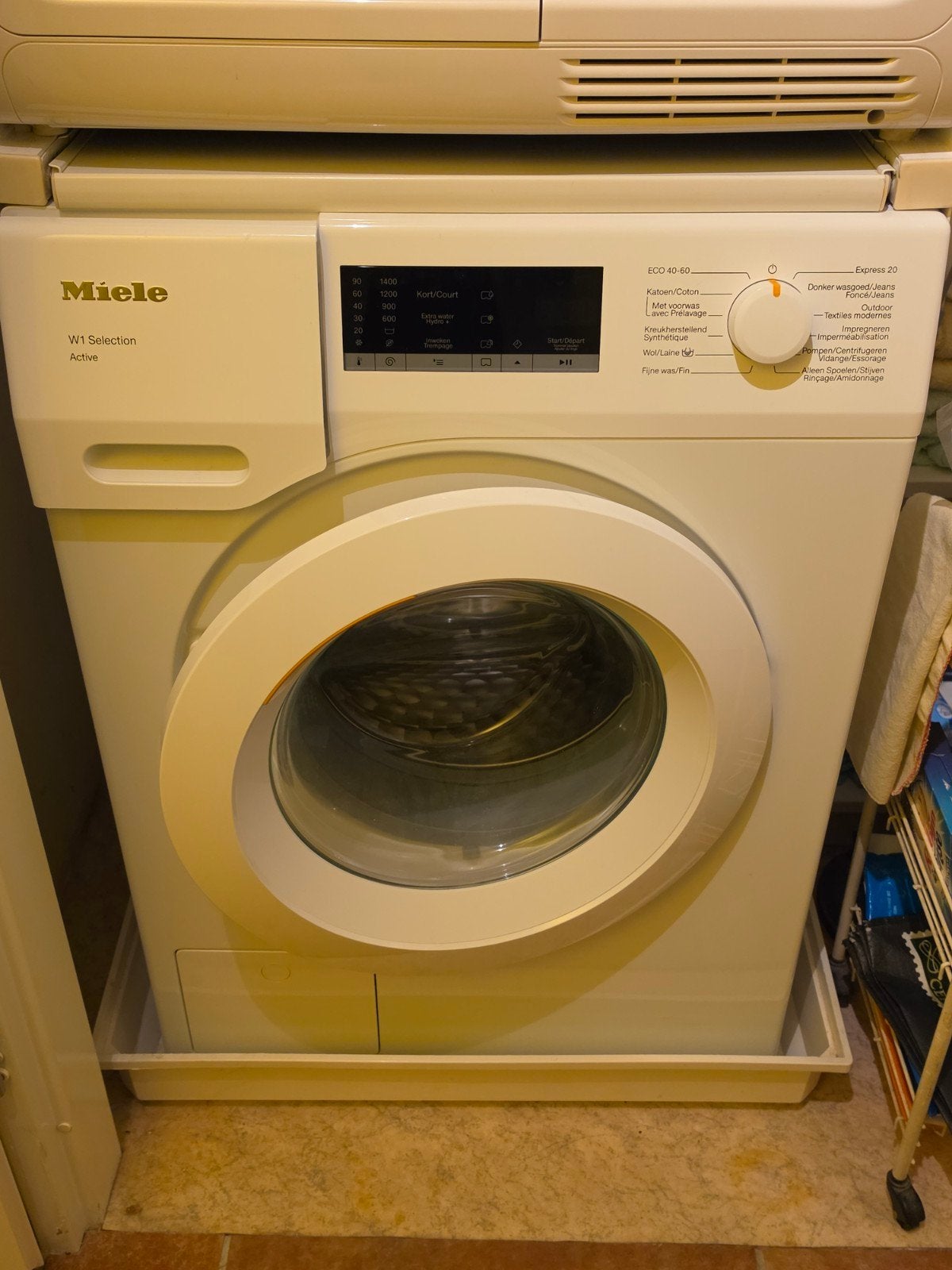Miele W1 Selection Active wasmachine + Whirlpool droger, Ophalen, Gebruikt, Voorlader, Kort programma